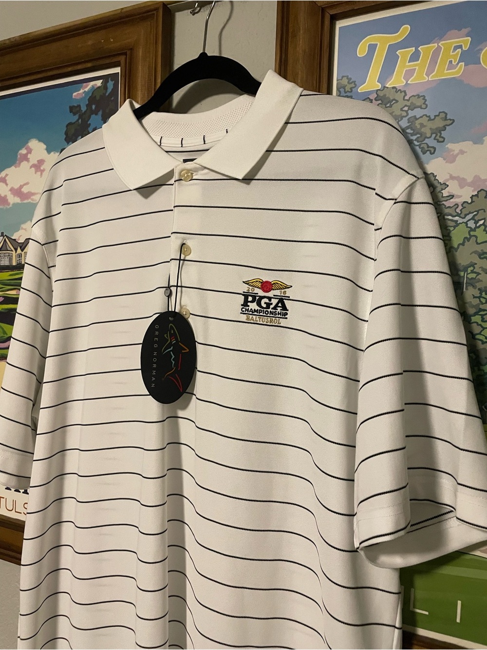 NWT Greg Norman PGA Championship Baltusrol 2016 Polo XL White Navy Stripe Golf